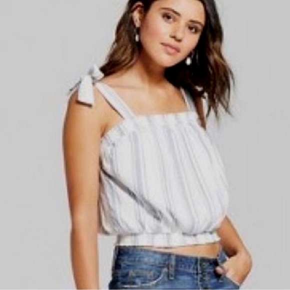 Universal Thread Linen Striped Bubble Crop Tank Top, Tie Straps Blue & White - Picture 2 of 11